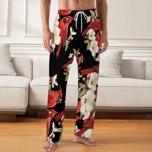 Red Cardinal Bird Flower Mens Pajama Pants Print Lounge Pant PJ Bottoms Sleepwear Loungewear2
