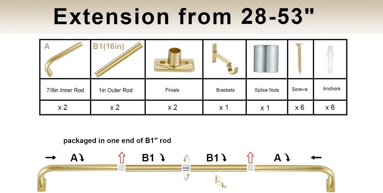 Curtain Rods for Window 28 to 53 Inch, Wrap Around Splicing Room Darkening Curtain Rods, Heavy Duty 1 Inch Diameter Single Drapery Rod Telescoping, Brass