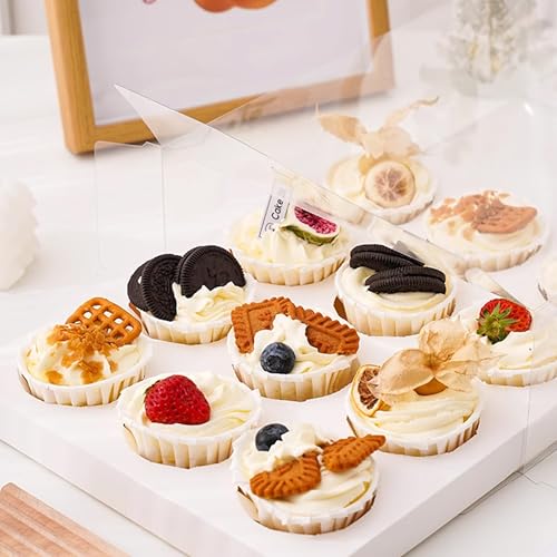 KAIXUAN WOOD 10 Pack Clear Cupcake Boxes, 12 Counts Cupcake Containers with Gift Ribbon, Plastic Cupcake Carrier Holder for Treat Dessert Cookies Muffins Pastry Baby Shower Party