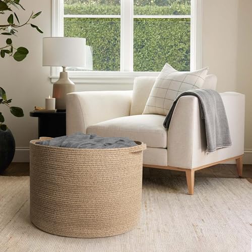 Image of MEGASKET 115L Wicker Storage Basket, 23.6 inchx15.7 inch Woven Cotton Rope Basket, Giant Kids Dog Toy Bin Organizer, XXXL Blanket Pillow Holder for Living Room, Brown Variegated Wicker Baskets for Organizing