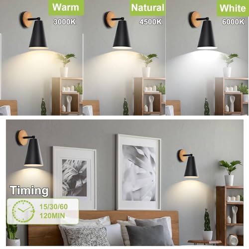 Image of 120 hrs Wood Battery Operated Wall Sconce, IR Remote Control Battery Operated Sconces, Matte Black Battery Operated Wall Sconce, Wall Lights Battery Operated for Bedrooms, Living Room