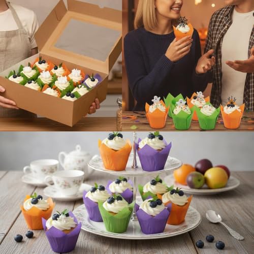 Image of 150 Pieces Tulip Cupcake Muffin Liners Paper Baking Cups Greaseproof Cupcake Wrappers for Halloween Birthday Wedding Party Baby Showers Catering Restaurants(Purple /Green /Orange)