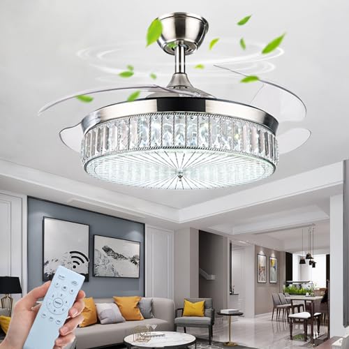 qudkdhs Ventilador de Techo de Cristal, Accesorios de iluminación de Techo LED con Control Remoto, aspas retráctiles, Ventiladores de Techo silenciosos con lámparas, Motor de CC Reversible