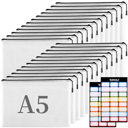 Image of A5 Mesh Zipper Pouch, 24 Pack 9.4 inch x 6.9 inch Plastic Zipper Pouches for Organizing, Multipurpose Waterproof Zipper Bags for Travel Office Home Storage, Black