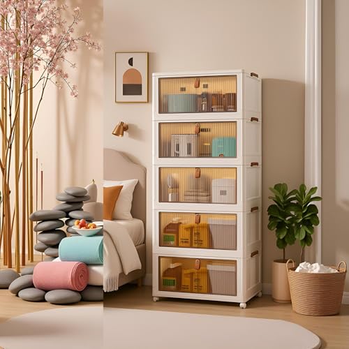 Image of Sunderlook Plastic Wardrobe for Kids Clothes - Standing Desk Premium Comfort Foldable Wardrobes for Clothes, Large Cupboard for Storage for Men and Women (Bright White, 5 Door)