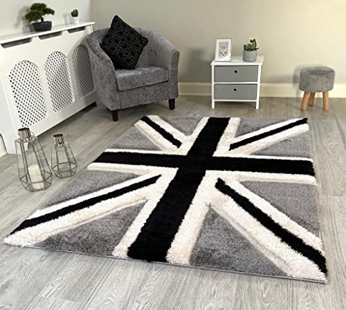 NEW BLACK GREY CREAM UNION JACK FLAG DESIGN LUXURIOUS THICK PILE RUG MODERN SOFT SILKY CONTEMPORARY SHAGGY RUGS MATS UK (80x150cm)