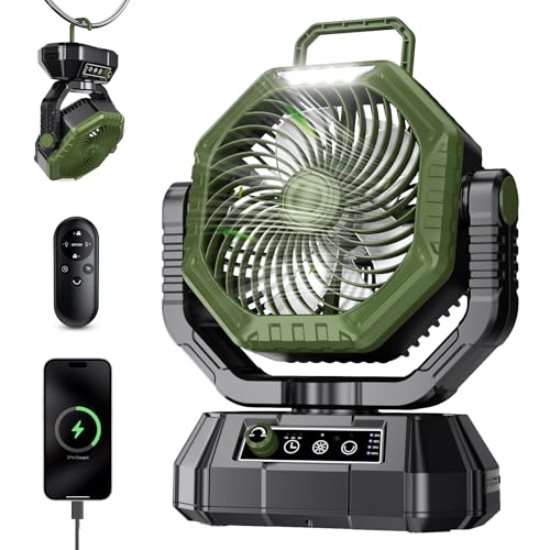AJVV Camping Fan Rechargeable, Battery Powered Fan With Remote Controller, LED Light, Dual Motors, Stepless Speed, 45°/90°/270° Swing,Timer, Portable fan For Travel Tent Bedroom Beach Fishing, Green