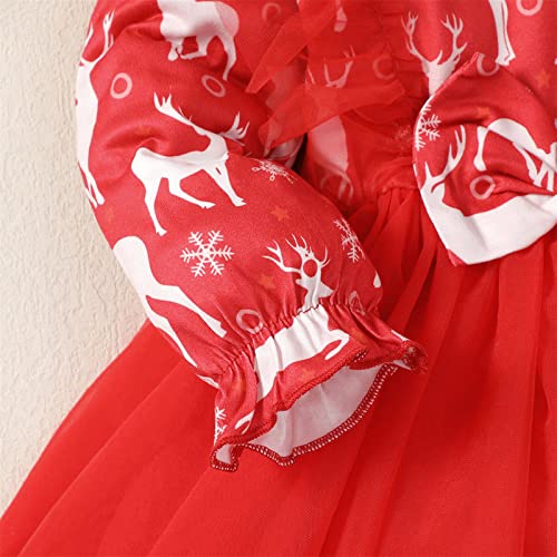 Infant Girls Child Christmas Long Sleeve Deer Prints Tulle Dresses Bow Tie Princess Baby Girl Newbor