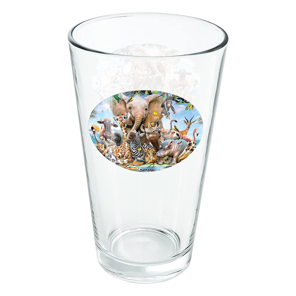 LOGOVISION Africa Animals Smile Selfie Elephant Giraffe Zebra Hippo Rhino 16 oz Pint Glass, Tempered Glass, Printed Design & A Perfect Fan Gift | Great for Cold Beverages, Soda, Water