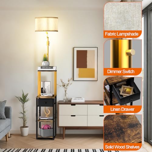 Image of Lightdot Floor Lamp with Shelves&Drawer, Modern Standing Lamp with 350 Adjustable Lamp Head, Fabric Shade& Bulb Included, Display Corner Floor Lamp for Living Room /Sofa Beside /Corner Decor