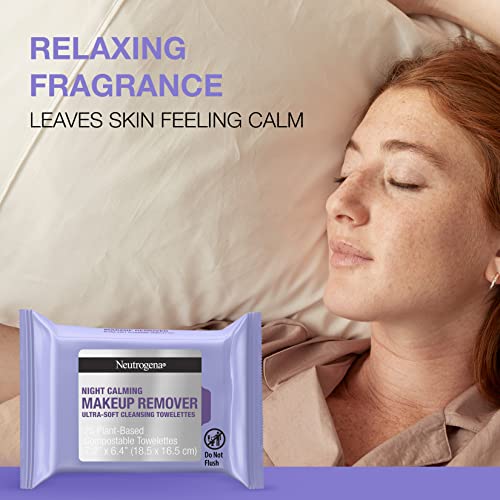 Neutrogena Night Calming Cleansing Makeup Remover Face Wipes, Nighttime Facial Wipes To Remove Dirt & Makeup, Leaves Skin Feeling Calm, Alcohol-Free, 100% Plant Based Cloth, 25 Ct, Twin Pack #TOP4