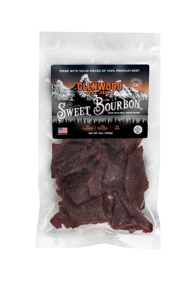 Glenwood Beef Jerky Sweet Bourbon Jerky, 9 Ounce Bulk Meat Snacks- Naturally Wood Smoked, No MSG, Made in the USA
