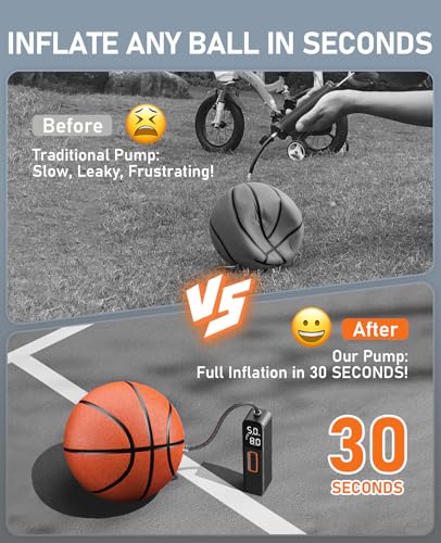 Image of Electric Ball Pump, Sports Air Pump with Digital LCD Display, 2 Needle and Storage Bag, Automatic Small Ball Pump for Basketball Soccer Football and Volleyball (Max 15 PSI) (Orange, Small)