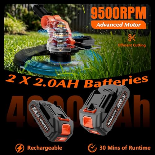 Image of 20V Electric Weed Wacker Cordless Edger Lawn Tool 2 X 2.0Ah Battery Powered Weed Eater and Charger, 12 inch Lightweight String Trimmer, Auto Line Feed Grass Cutter Lawn Mower Small Yard Garden Tangerine