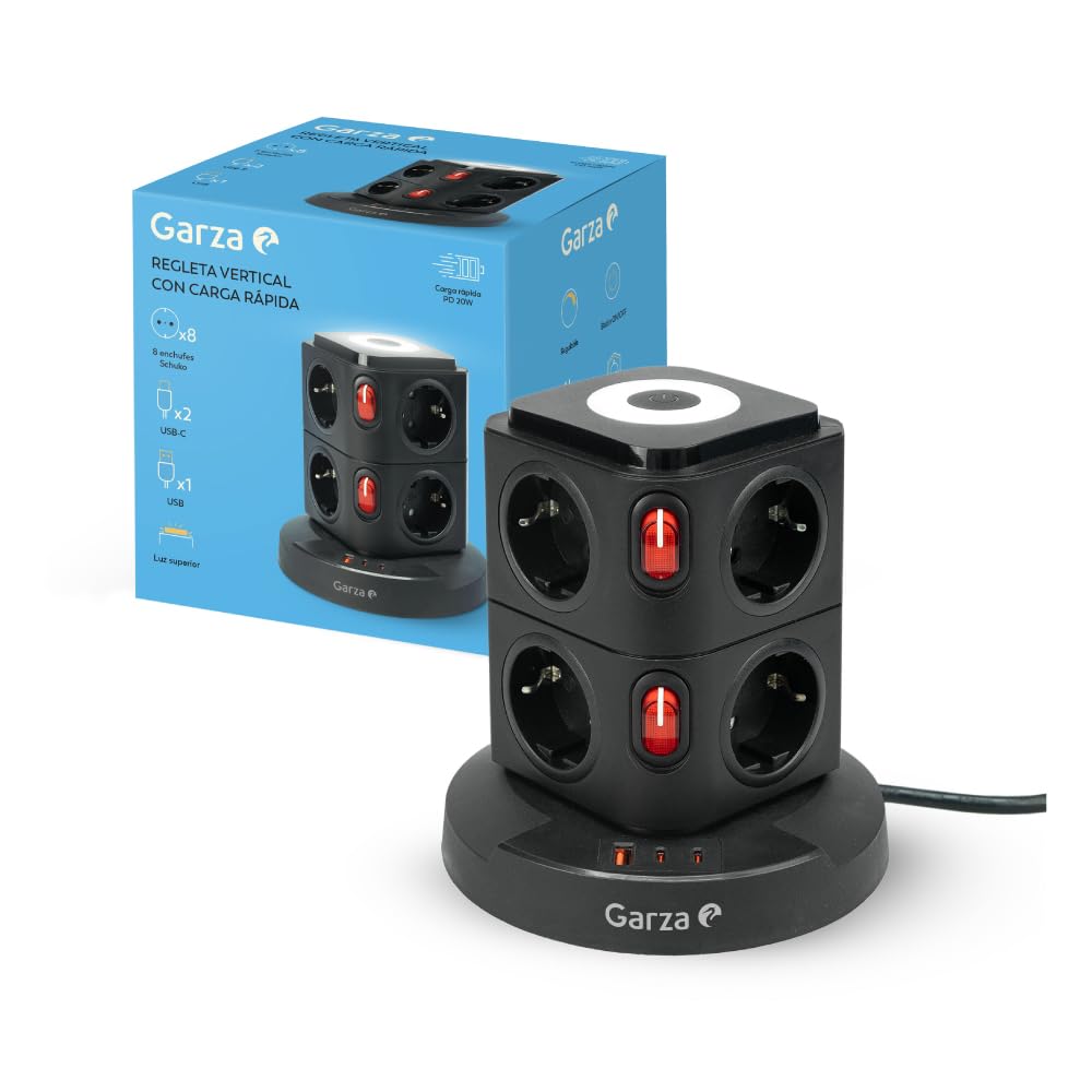 Garza - Regleta Torre 11 en 1 con 8 Enchufes Schuko, 2 USB-C PD20W y 1 USB-A, Carga Rápida, Luz Nocturna Regulable, Interruptores Individuales y Protección contra Sobrecargas y Cortocircuitos, Negro