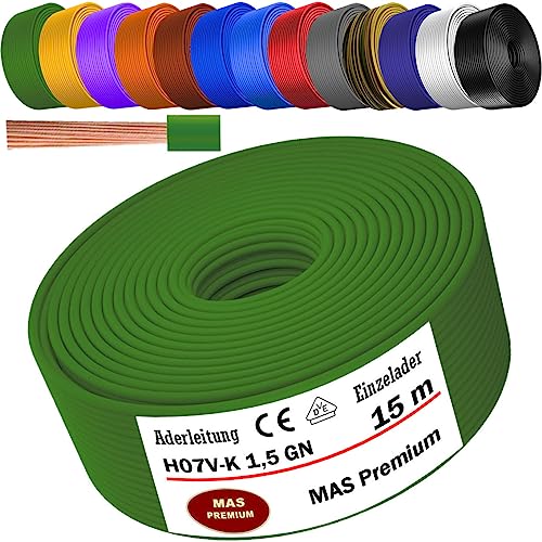 Cable de 5 a 100 m H07 V-K 1 x 1,5 mm², cable flexible simple (verde, 15 m).