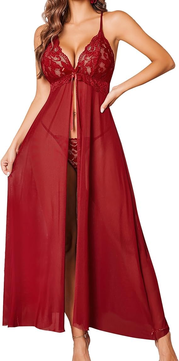 Culture Flossy® Women's Net Lace Long Babydoll Lingerie for Honeymoon Nightwear (Free Size, Wine Red)-picture-29