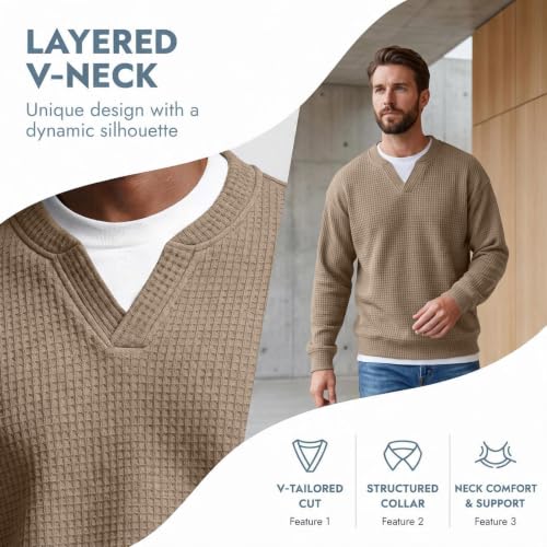 Mens Layered Comfort Waffle Shirt Long Sleeve V Neck Fake 2 Piece Shirts - image 4