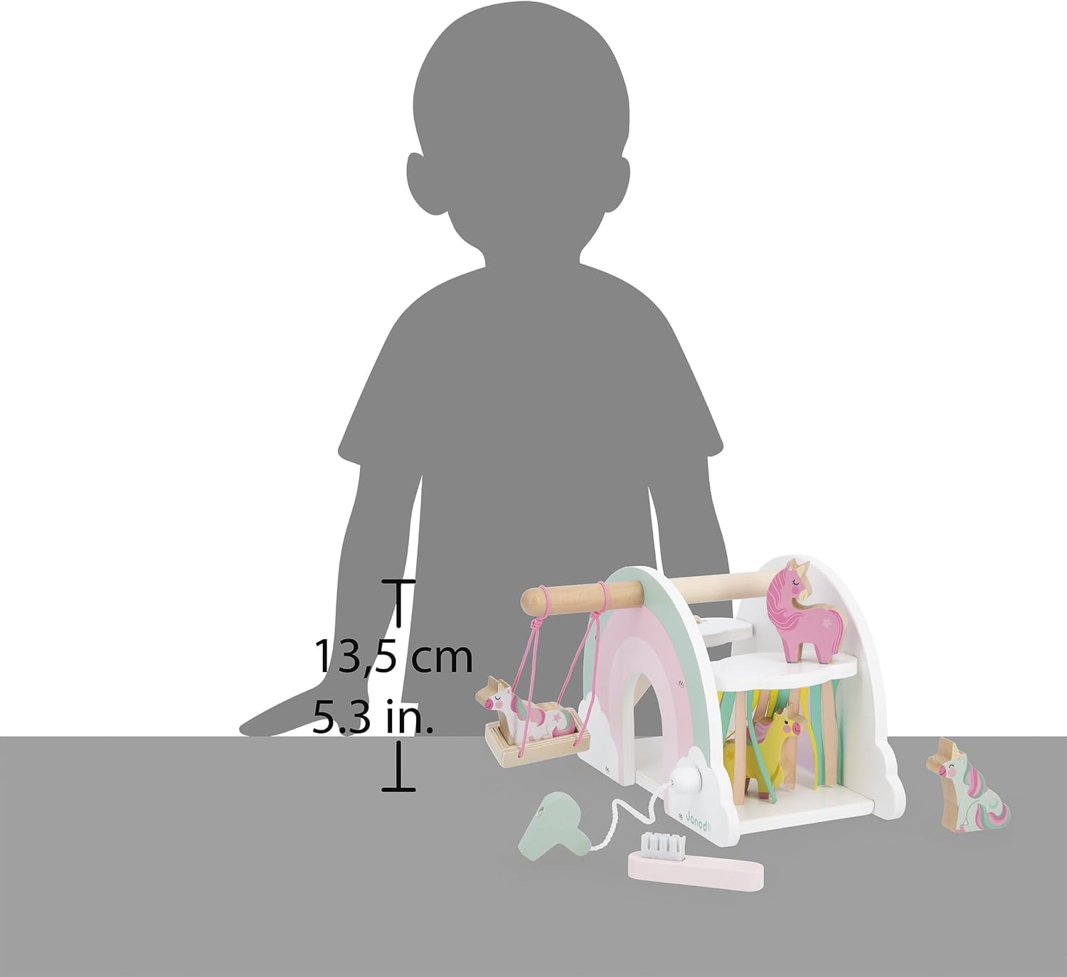 Janod, Unicorn Wooden House, Unicorn Theme, FSC Wooden Toys, Includes 6 accessories : 4 unicorns, 1 hair dryer, 1 brush - Image 4