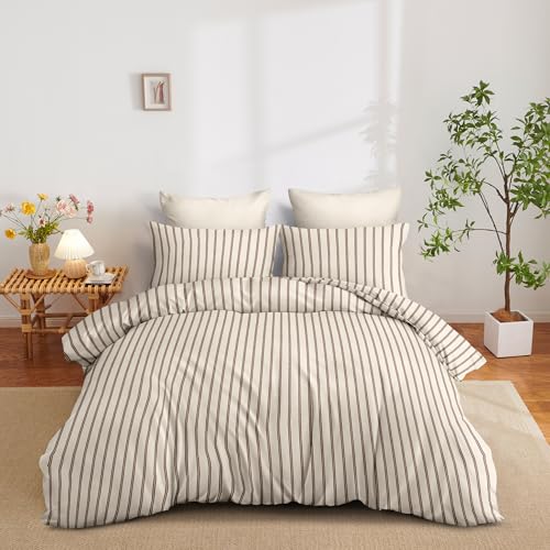 Image of Nayoroom Striped Duvet Cover Queen Size Brown Stripe Duvet Cover Dorm Bedding Set 3 Pieces Soft Lightweight Microfiber Farmhouse Bedding Set Gifts for Women Men (Tannish Linen Grey, Brown Stripes)