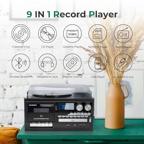 Pareiko T408 9-In-1 Record Player 3 Speeds Vinyl Turntable thumb #1