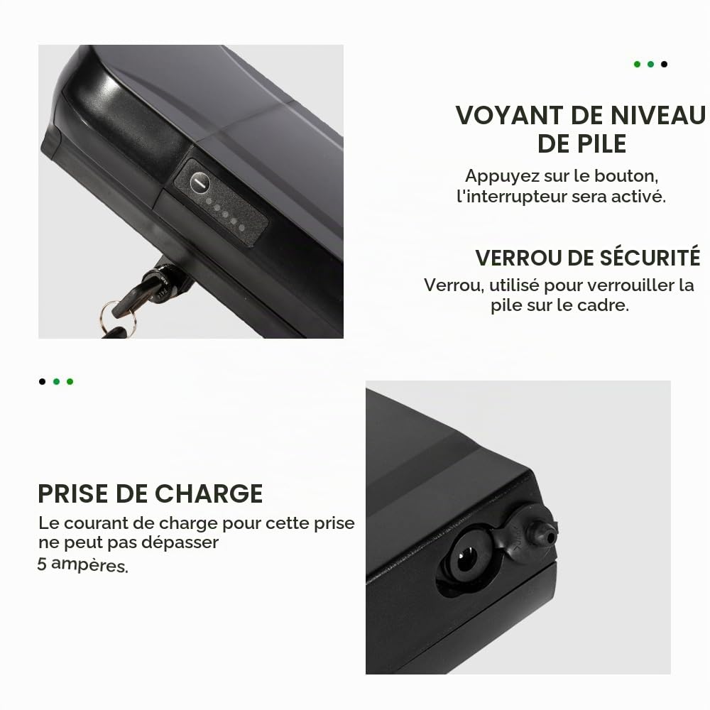 Batterie de Vélo Électrique 36V 13Ah XH370-13J avec Chargeur | pour Moteur 36V 250W/350W/500W/750W Compatible Phylion Fischer SFM