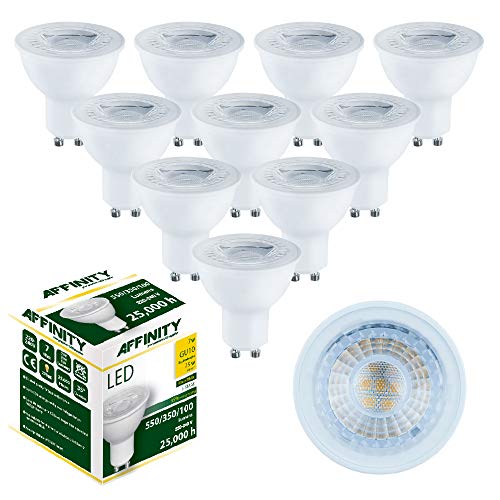 Affinity - Juego de 10 bombillas LED (7 W, GU10, 550 lúmenes, 350 lúmenes, 100 lm, 2700 K, luz blanca cálida), transparente