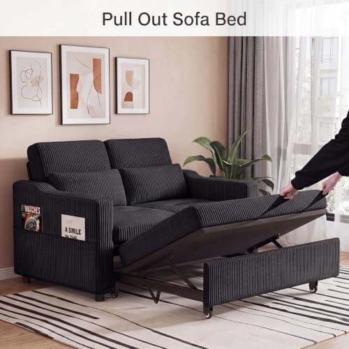 Image of 51.6 inch 3-in-1 Convertible Sleeper Sofa Bed, Pull Out Loveseat Couch with 5-Position Adjustable Backrest, USB & Type-C Ports, Side Storage Pockets, Corduroy Sofa Bed for Small Spaces