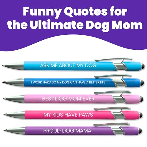Image of rubyloo Funny Dog Mom Gift Pen Set - 5 Black Ink Ballpoint Pens with Stylus Tips & Durable Metal Barrels with Hilarious Doggy Quotes - Cute Dog Mom Gift for Women for Mother's Day or Birthday Present