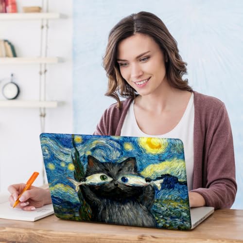 Image of DINKY Laptop Skin Sticker Decal 15.6 inch 15.4 inch 12 inch 13 inch 13.3 inch 14 inch 15 inch Laptop Universal Vinyl Skin Stickers Cover Art Decal Notebook PC Personalized Protector, Blue Starry Sky Cat Fish