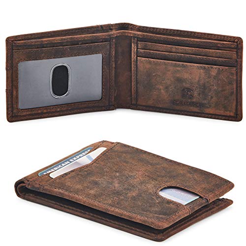 Wallet for Men Bifold Real Leather Slim RFID Blocking Front Pocket Minimalist Stylish Design with ID Window in Gift Box (Crazy Horse, Cognac)