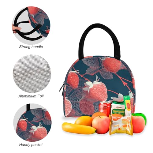 Elegant Strawberry Print Backpack Set with Lunch Bag, Large Capacity Travel Backpacks and Lunch Box Insulated for Commute Hiking Picnic4