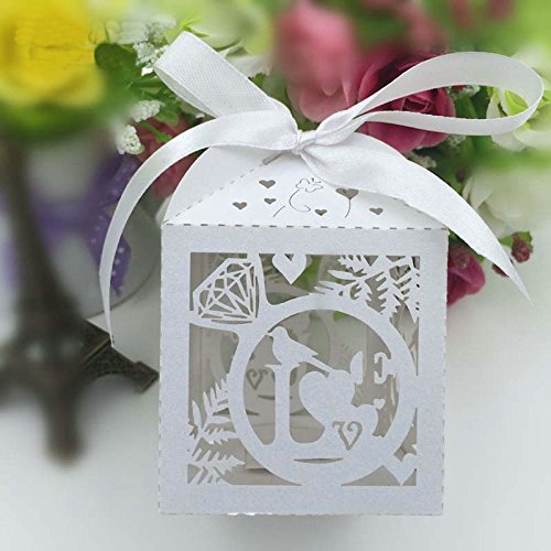 Joinwin 50pcs Laser Cut love bird wedding favor box in pearlescent paper box baby shower,party show candy box(with ribbon)