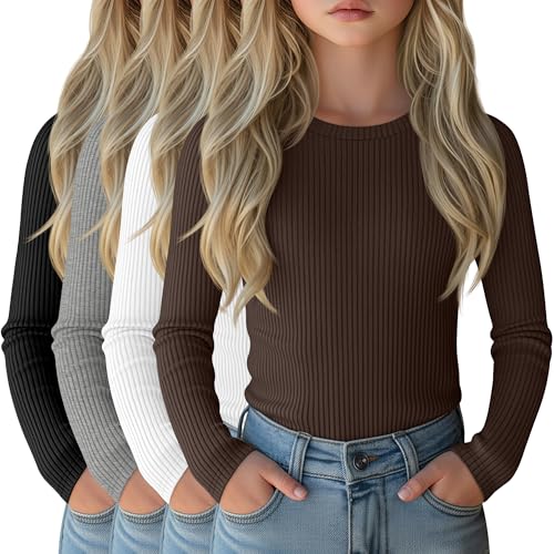 Image of 4 Pack Girls Long Sleeve Shirts Ribbed Knit Cotton Crewneck Tops Slim Fit Soft Casual Kids Base Layer Undershirts