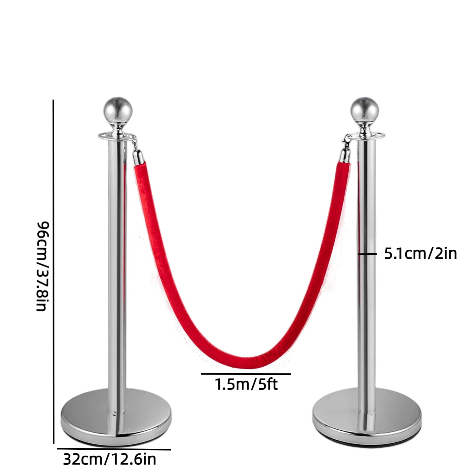 4PZ 96 cm Barriera di Controllo della Folla con 1,5 m Corde di Velluto Rosso Controllo della Folla in Acciaio Inox Tondo Post Palo, Base cava a iniezione di sabbia (Argento)
