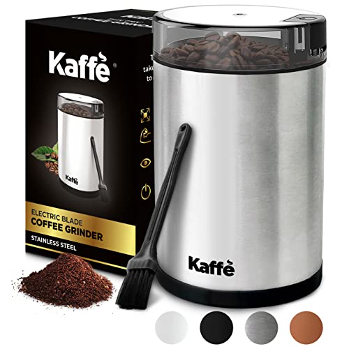 Kaffe Coffee Grinder Electric - Spice Grinder w/Cleaning Brush, Easy On/Off - Perfect for Espresso, Herbs, Spices, Nuts, Grain - 3.5oz / 14 Cup. Stainless Steel
