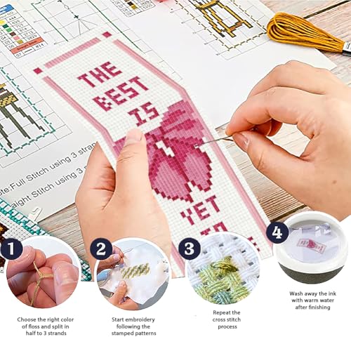 Image of ACRNIGHEET 6PCS Cross Stitch Bookmark Kit for Beginner Cute Pink Bow Stamped Cross Stitch Kits Needlepoint Kit for Adults DIY Tassel Embroidery Bookmark Kits with Instructions Craft Gift 8.5 inchx3 inch 11CT
