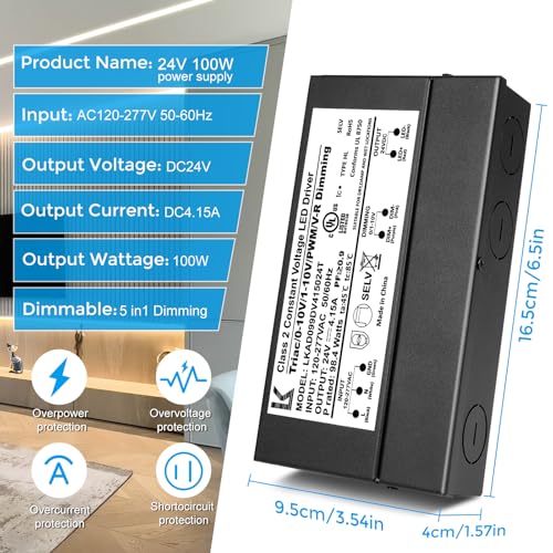 Image of 24V 100W Dimmable LED Driver, 5-in-1 Triac /ELV /MLV / /0-10V /1-10V /PWM /V-R Dimming AC to DC Power Supply, IP67 Waterproof LED Transformer, UL Listed, Compatible with Lutron & Leviton Dimmer