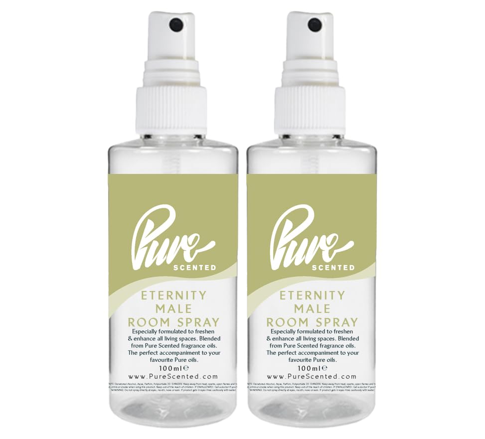 "Pure Scented 200ml Room & Fabric Sprays 2 x 100ml Suitable For Home, Car, Caravan, Work, Gym Bags, Odour Eliminators (2 x 100ml, Eternity Male)"