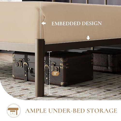 Image of SHA CERLIN King Size Metal Platform Bed Frame with Victorian Vintage Headboard /Under Bed Storage /No Box Spring Needed /Easy Assembly /Noise Free /Mattress Foundation /Gold