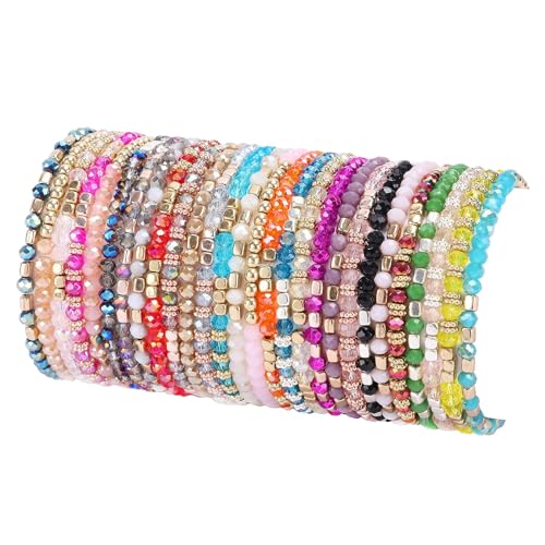 SAMOCO 28Pcs Boho Beaded Bracelets for Women Colorful Stackable Sparkly Crystal Beads Bracelets Multi-Layer Versatile Statement Bracelets Stretch Cuff Jewelry Gifts