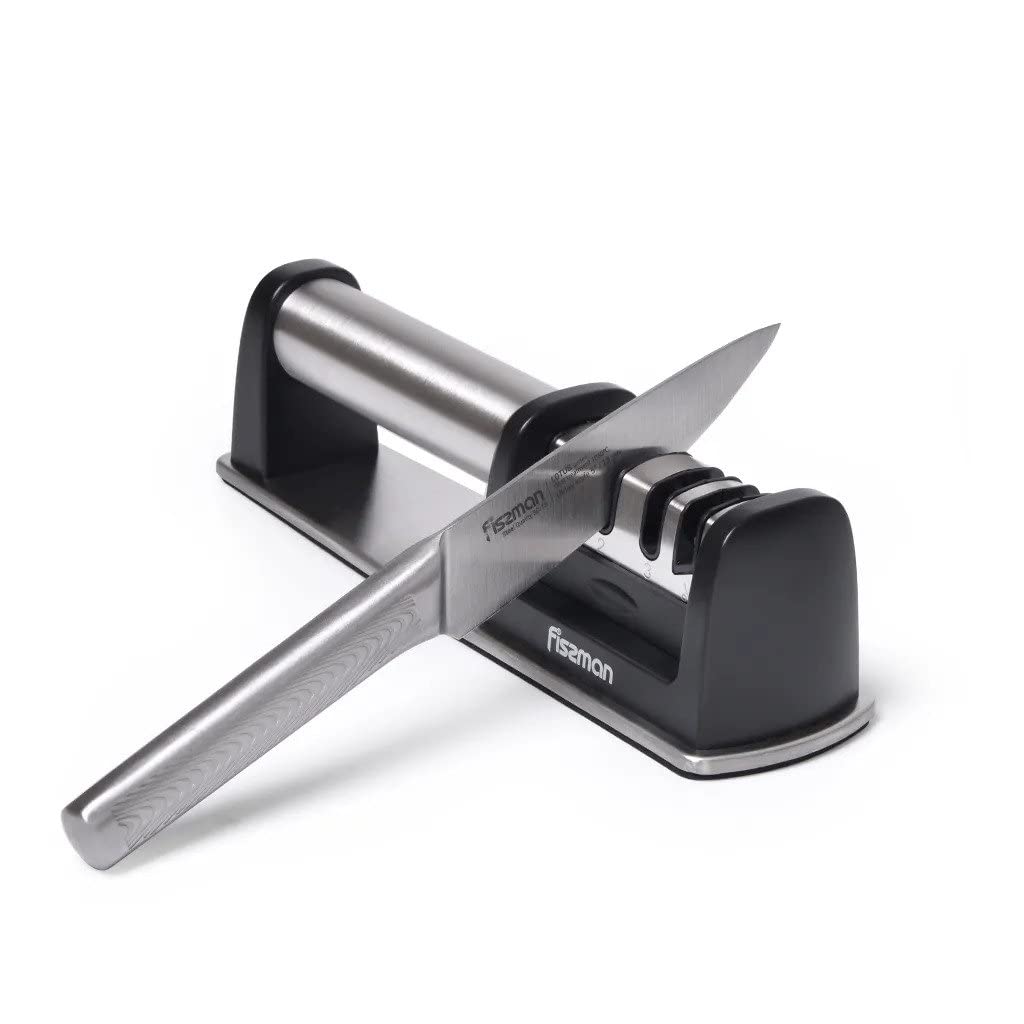 FISSMANKnife Sharpener for Sharpening and Polishing Kitchen Knives with Easy Manual Sharpening for Straight Knives Three Step Sharpening, Diamond Wheels, Tungsten Carbide and Ceramic Rods 23x6cm