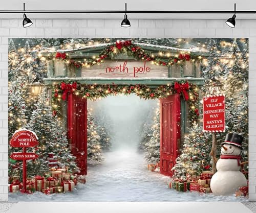 7x5ft Christmas Backdrop Fabric Winter Forest Wooden Barn Door Snowy