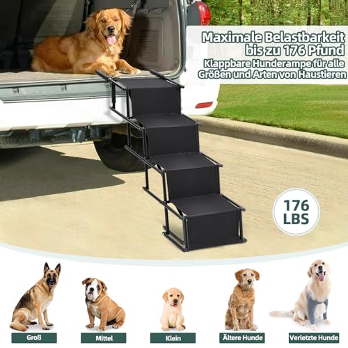 Hundetreppe Für Kleine Große Hunde, Hunderampe Auto Klappbar, Haustiertreppe Leiter 4 Stufen, Gelenkschonende Einstiegshilfe Hundetreppe für Auto Kofferraum bis 80 kg Belastbar, Schwarz