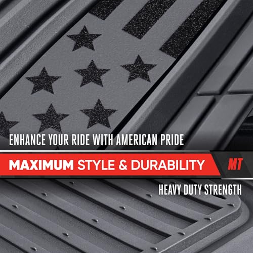 Image of MotorTrend Black Flag Rubber Floor Mats - All Weather Car Mats with American Flag Stars & Stripes Design, Heavy-Duty Automotive Floor Mats for Cars, SUVs & Trucks Grey /Black
