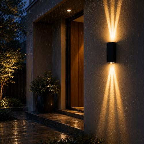 Image of Bofea-Outdoor Waterproof Wall Sconce Black Aluminum Construction with Dual Up /Down LED Lights Black Wall Sconces Outside Wall Lights Ideal for Patio, Garden and Porch Lighting(Three Beams Up And Down)