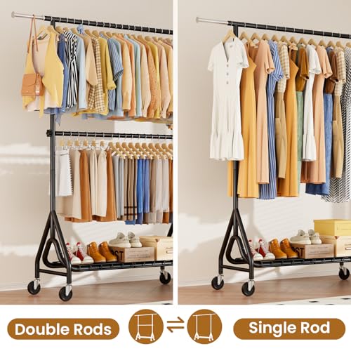 Image of Double Rods Clothing Rack, Heavy Duty Clothes Rack for Hanging Clothes Load 560LBS, Metal Rolling Garment Racks with Wheels, Freestanding Clothes Hanging Racks, Black