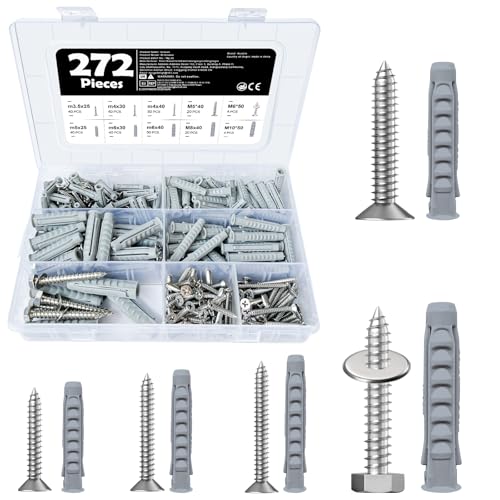 272 Pcs Screws and Wall Plugs Set 134 Pcs Masonry Screws & 134 Pcs Expansion Wall Plugs with 4 Pcs Washers Self Tapping Screw and Wall Plug Assortment for Brick Concrete Plasterboard Fixings