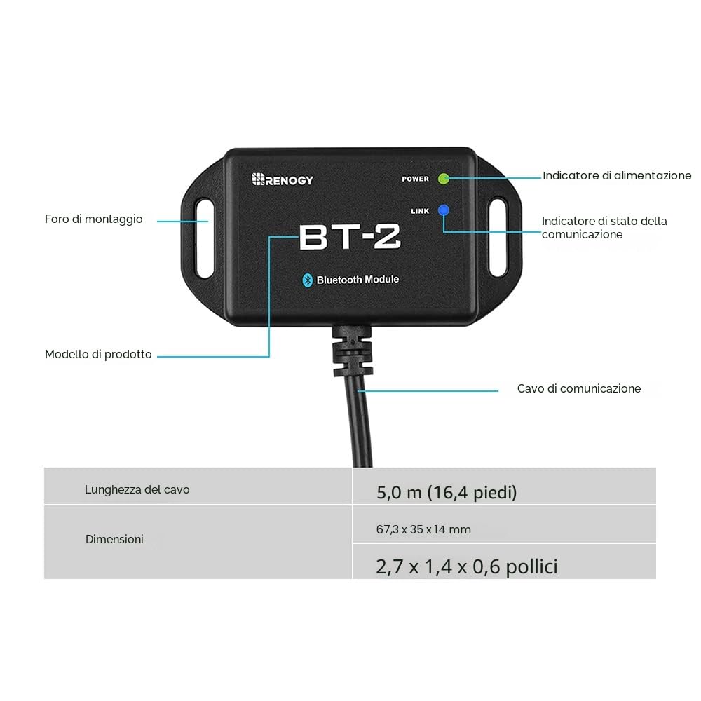Renogy Modulo Bluetooth BT-2 Porta di comunicazione RJ45 Monitor in modalità wireless Insight Controllo preciso in tempo reale, Controller di carica solare compatibili, Caricabatterie, Inverter