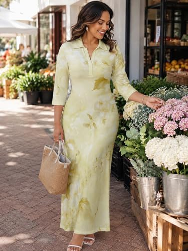 Image of PinkPatty Women's Casual 3 /4 Sleeve Polo V Neck Bodycon Maxi Dress